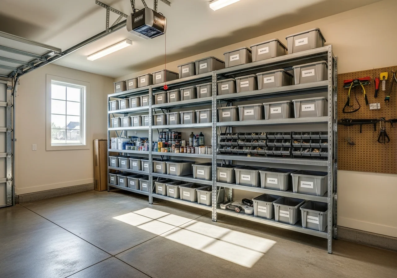 Organized garage interior with labeled bins, shelving units, and clear floor space ready for family use.