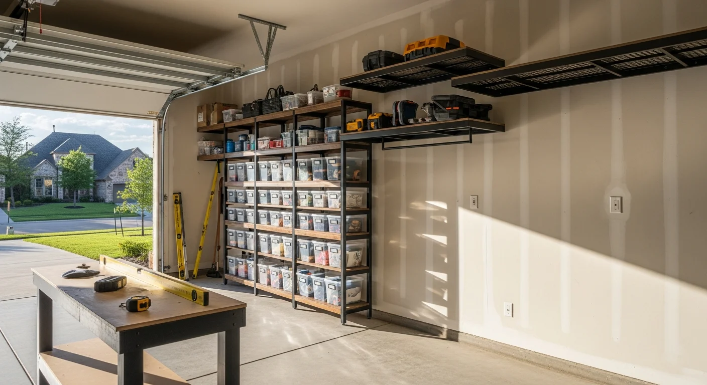 Organized garage with wall-mounted shelving, labeled storage bins, and clear floor space