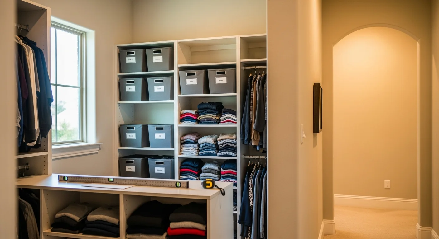 Organized closet with neatly arranged clothing and storage in a residential home