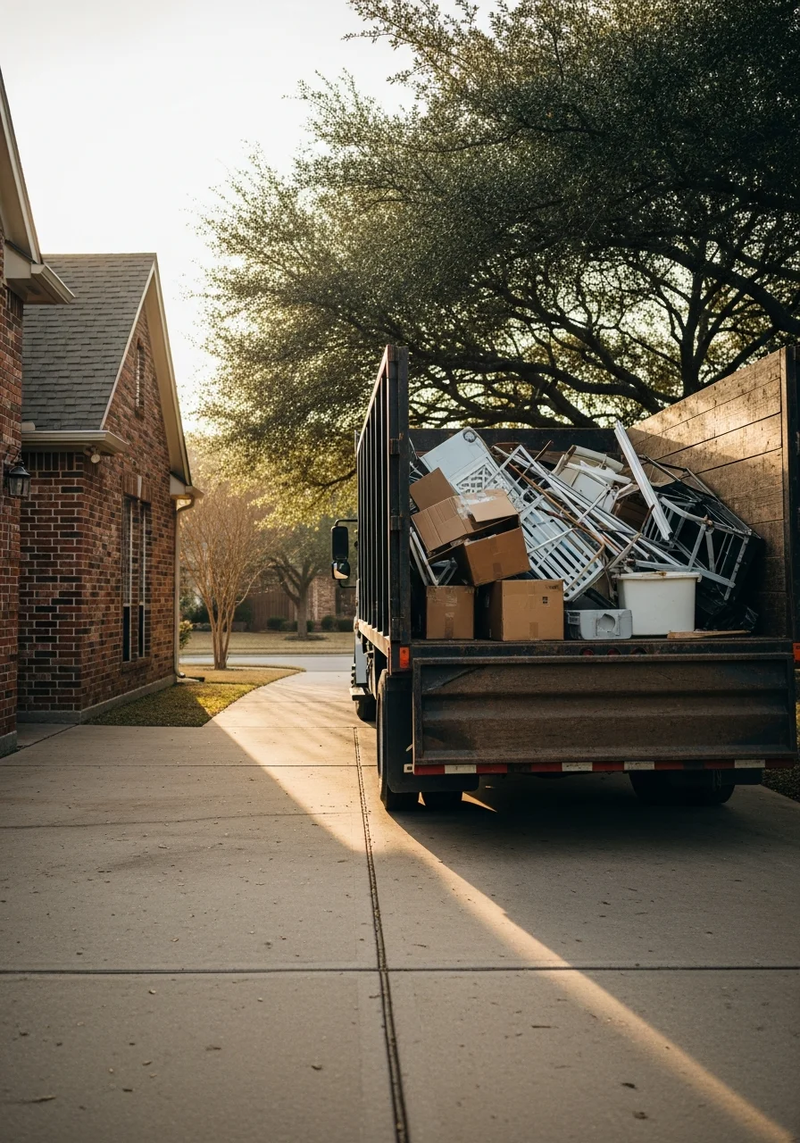 Professional junk removal team loading debris into truck in McKinney driveway