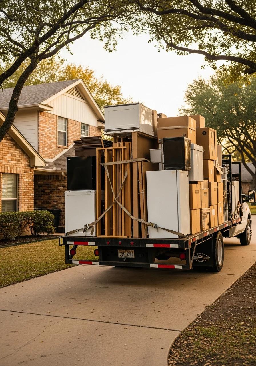 Professional junk removal team loading furniture and appliances into truck outside Richardson residence