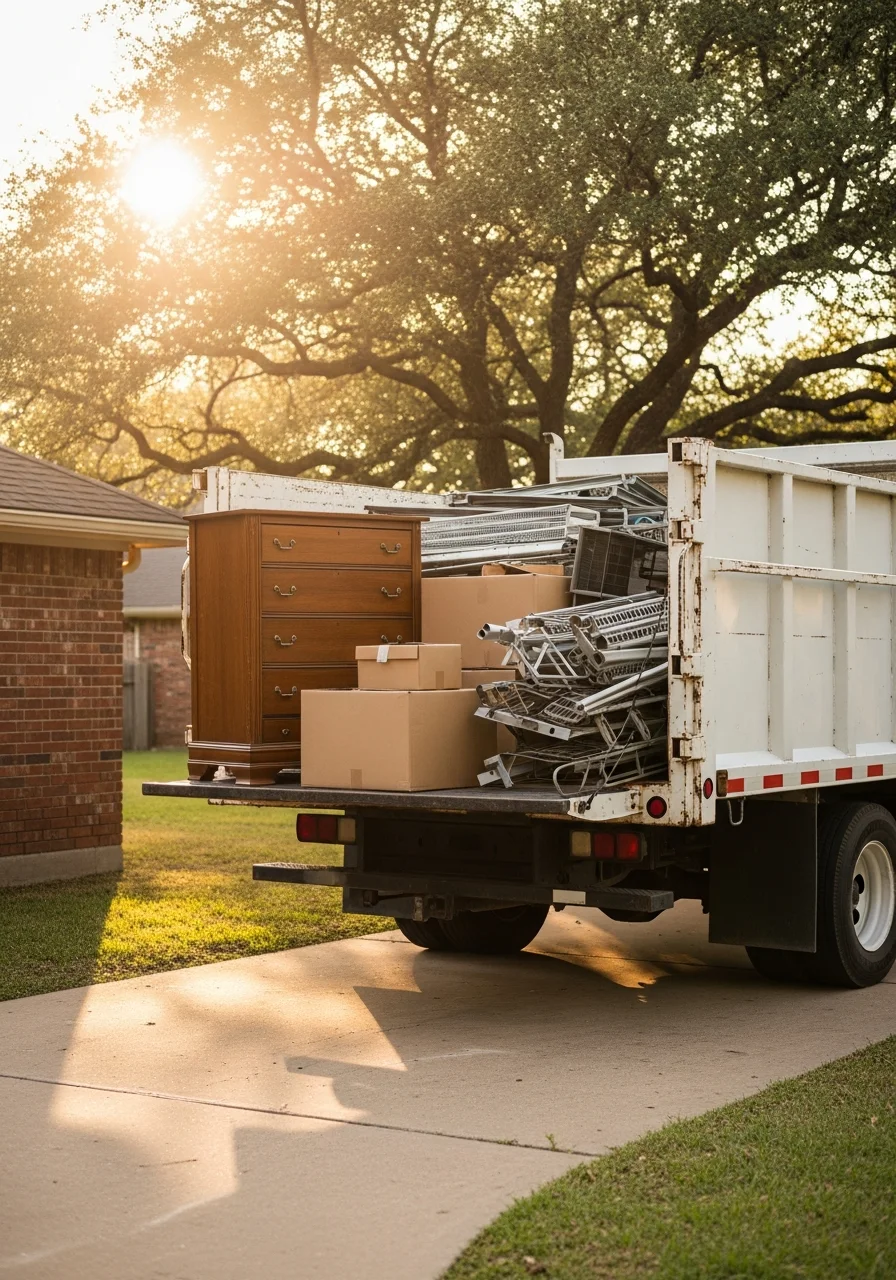 Professional junk removal team loading furniture and debris into truck in Rowlett driveway