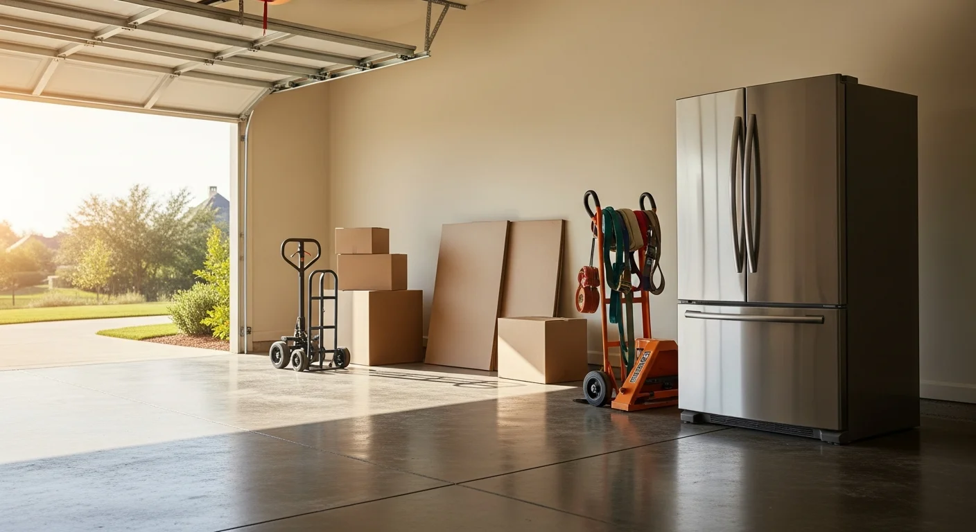 A cleared three-car garage in a Southlake estate home after appliance and furniture removal, with empty floor space where a washer, dryer, and old sectional sofa previously sat. Simply Organized Garage team loading bulky items into a removal truck parked in a Southlake residential driveway.