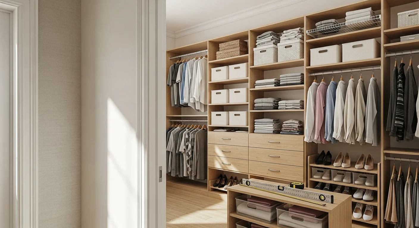 A finished custom walk-in closet in a Southlake home featuring floor-to-ceiling adjustable shelving, a built-in drawer tower, dedicated shoe storage, and double hanging rods. The organized system is installed by Simply Organized Garage, showing clean lines and full use of vertical wall space.