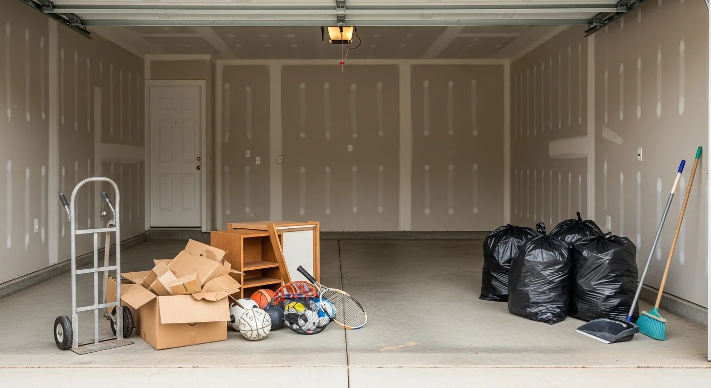 A cleared Southlake garage with empty floor space and bare walls after debris pickup, ready for organization system installation. Large three-car garage interior showing open concrete floor with all clutter and old equipment removed.