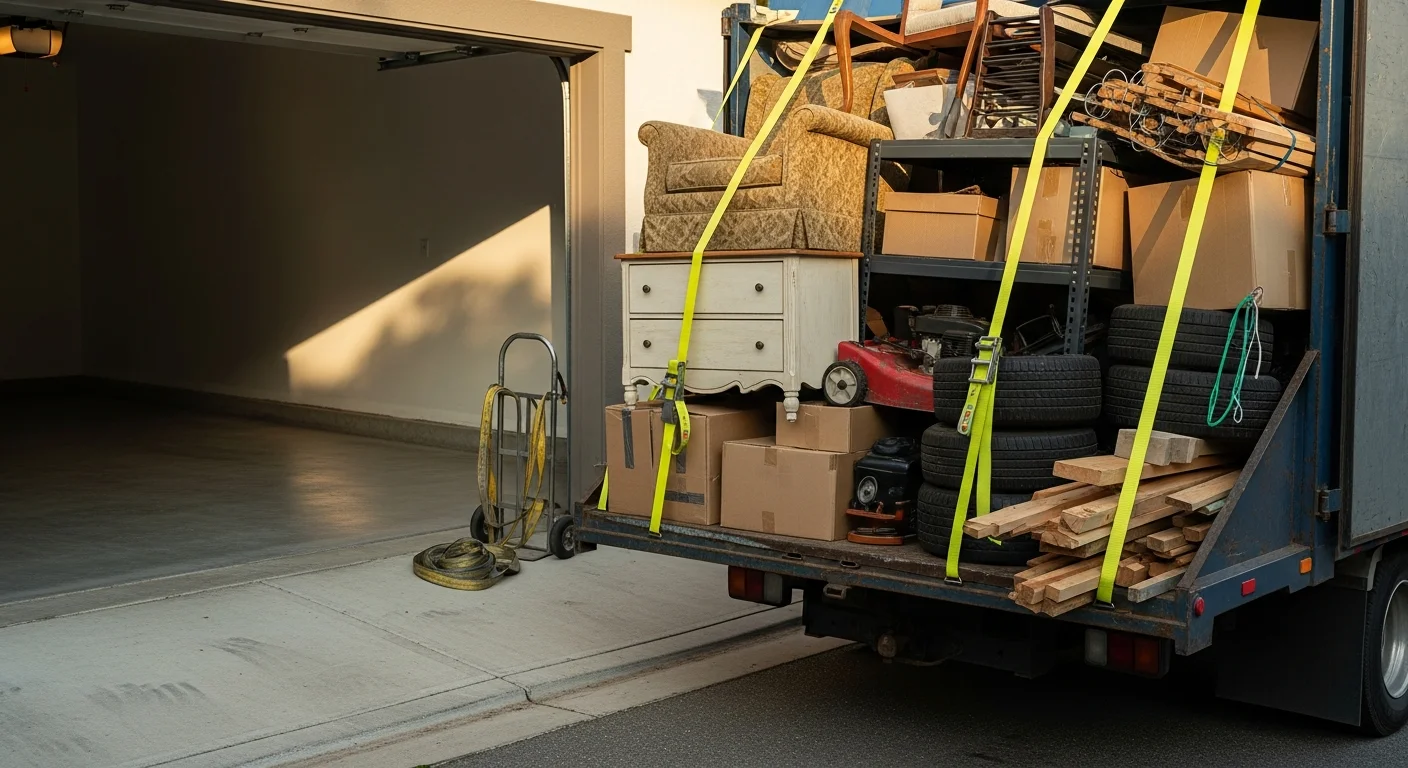 A cleared three-car garage in a Southlake residential home after a full load junk removal service, with empty floor space and no remaining clutter. Simply Organized Garage crew loading a full truck with furniture and household items from a Southlake property.