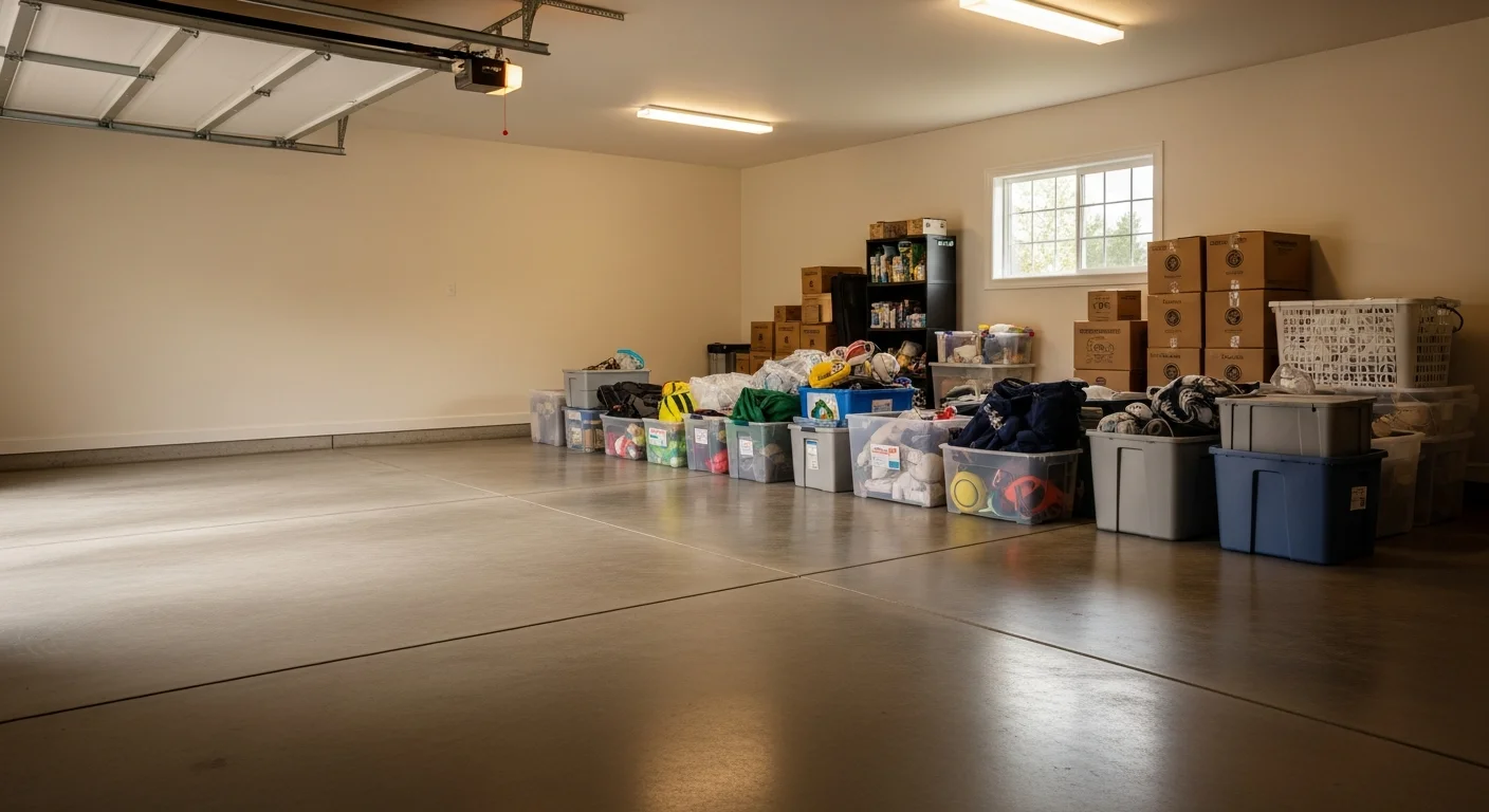 A cleared and swept two-car garage interior in a Southlake home after a professional cleanout, with empty floor space and bare walls ready for organization. No boxes, loose items, or clutter remain on the floor or along the walls.
