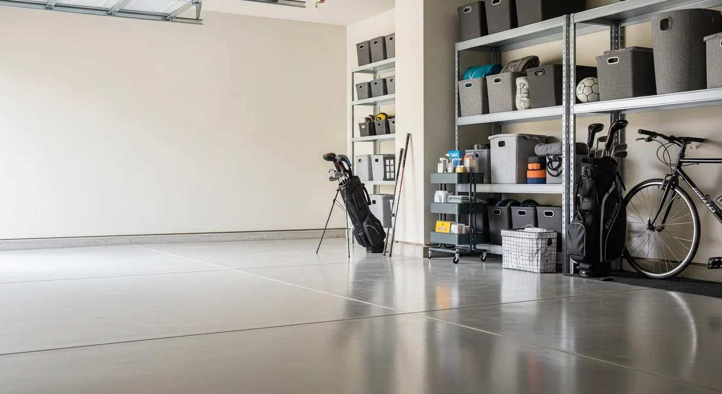 A clean, organized three-car garage in Southlake, TX after a professional garage reset, with items sorted by category and open floor space visible. Bins are neatly arranged along the walls and the floor is swept clear.