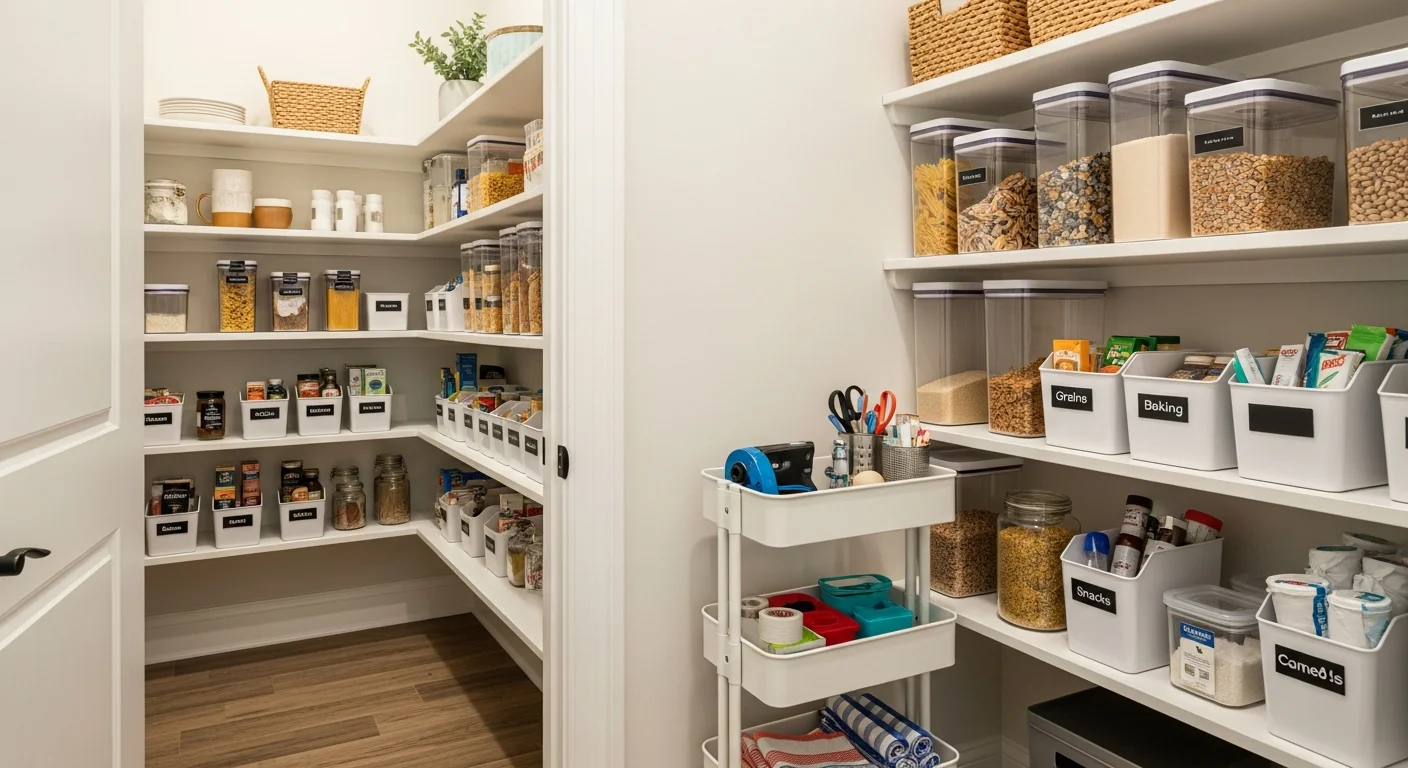 A large walk-in pantry in a Southlake home with shelves sorted into labeled categories, bins grouped by food type, and clear containers arranged at eye level. The floor is clear and all items are visible from the pantry entrance.