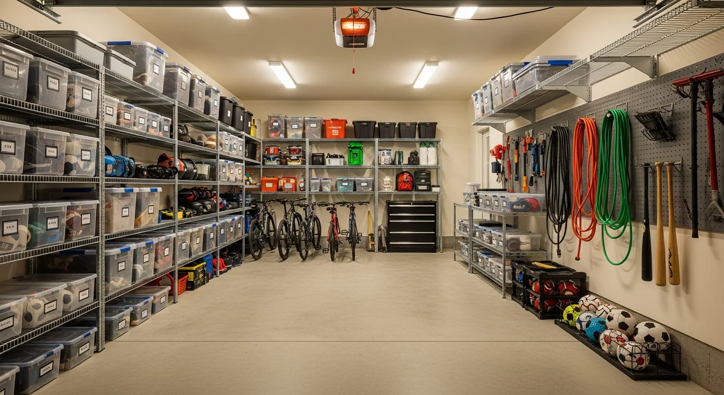 A large, fully organized and freshly cleaned Southlake garage with clear floor space, sorted storage zones, and neatly arranged gear along the walls. The space is open enough to park two vehicles with room to move freely.