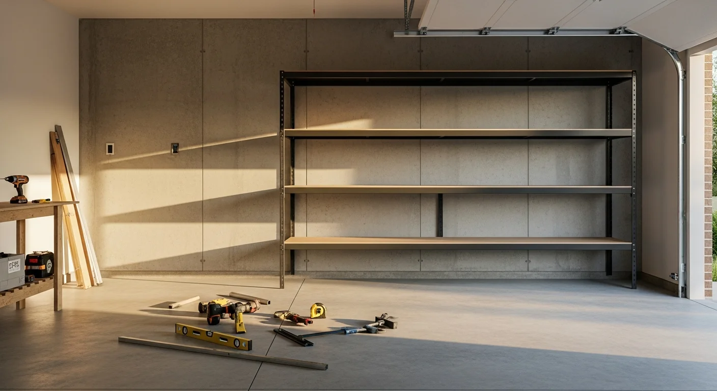 Installed wall-mounted and overhead shelving units inside a large Southlake garage, with bins, tools, and sports equipment stored off the floor. The garage floor is clear with room for two vehicles.
