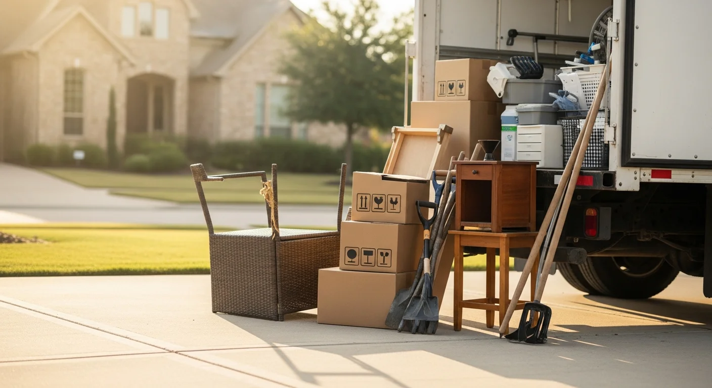 A cleared Southlake garage with empty floor space after a small load junk removal pickup by Simply Organized Garage. A few removed items including an old chair and cardboard boxes are loaded into a junk removal truck parked in a residential driveway.