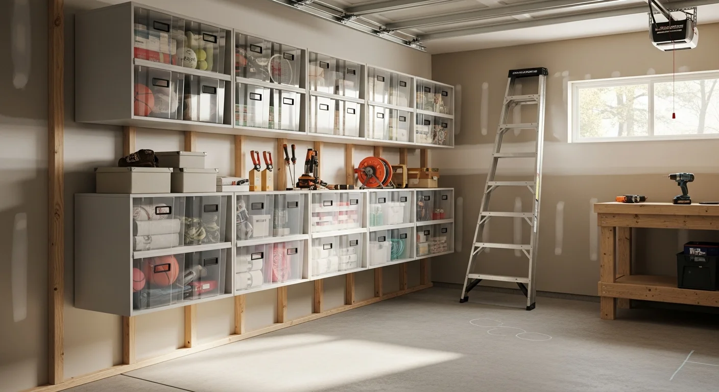 Wall-mounted storage bins installed along the interior wall of a Southlake residential garage, with labeled containers holding sports gear and seasonal items. The garage floor is clear and a vehicle is parked inside.